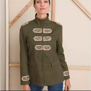 Chico's olive green beaded embellished long sleeve‎ military jacket